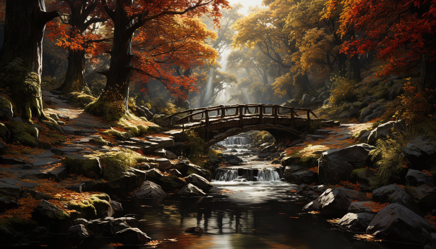 Autumnal forest path covered in fallen leaves, with a wooden bridge over a babbling brook and rays of sunlight filtering through the trees.