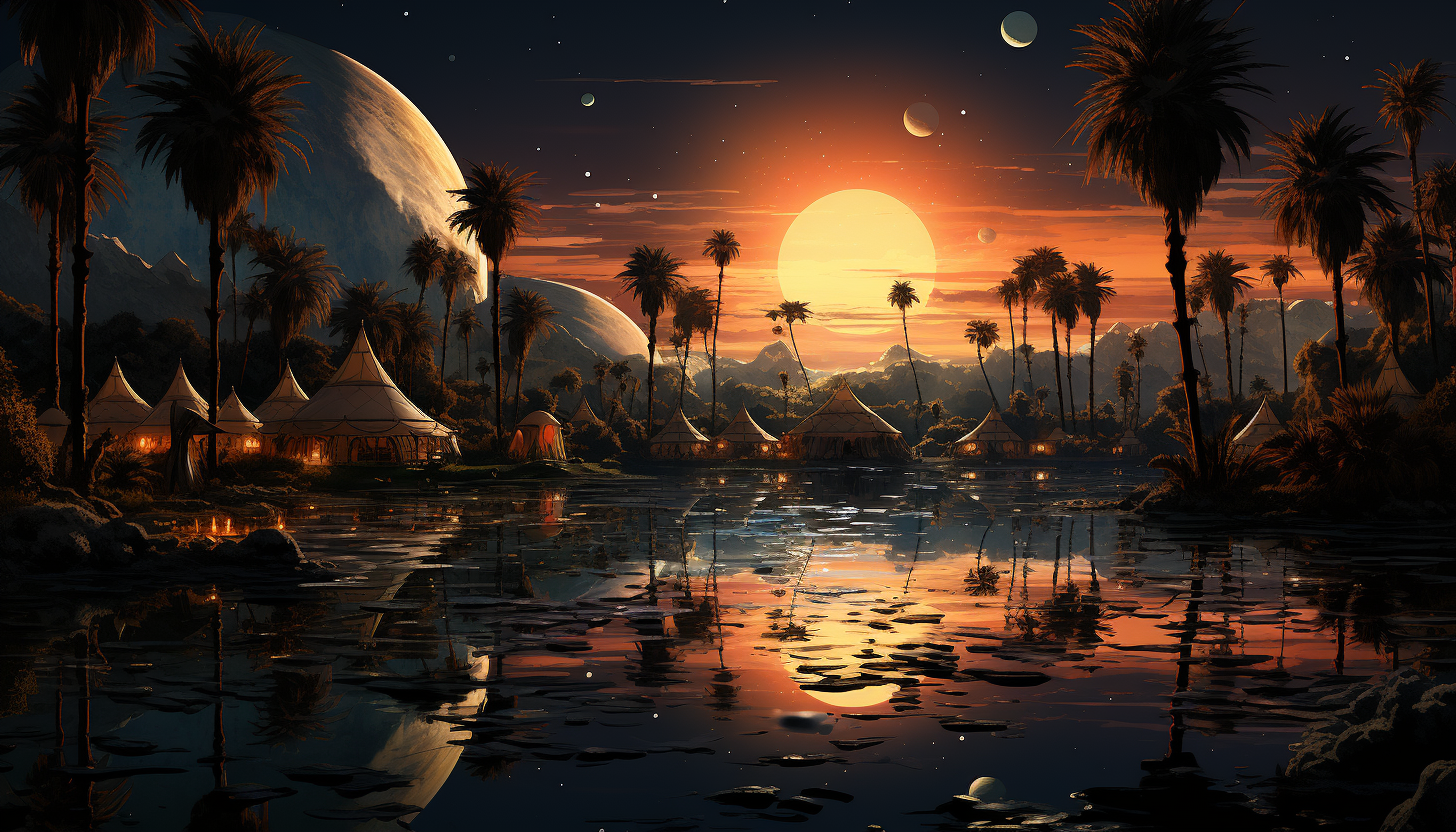 Desert oasis at night, with a clear, star-filled sky, palm trees, a tranquil pond, and nomadic tents glowing from lantern light.