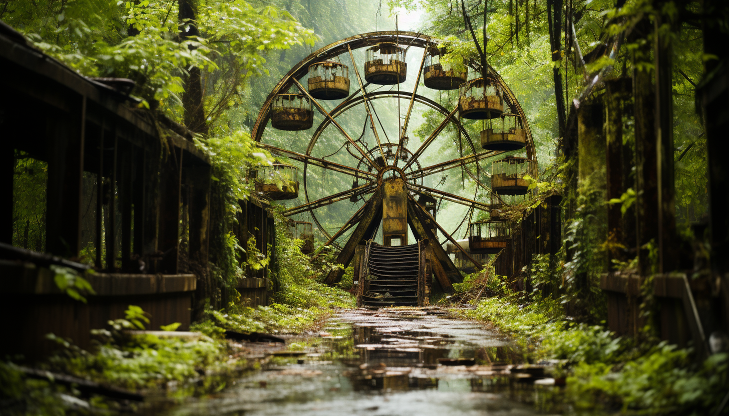 Abandoned amusement park reclaimed by nature, with overgrown roller coasters, a rusting Ferris wheel, and a hauntingly beautiful atmosphere.