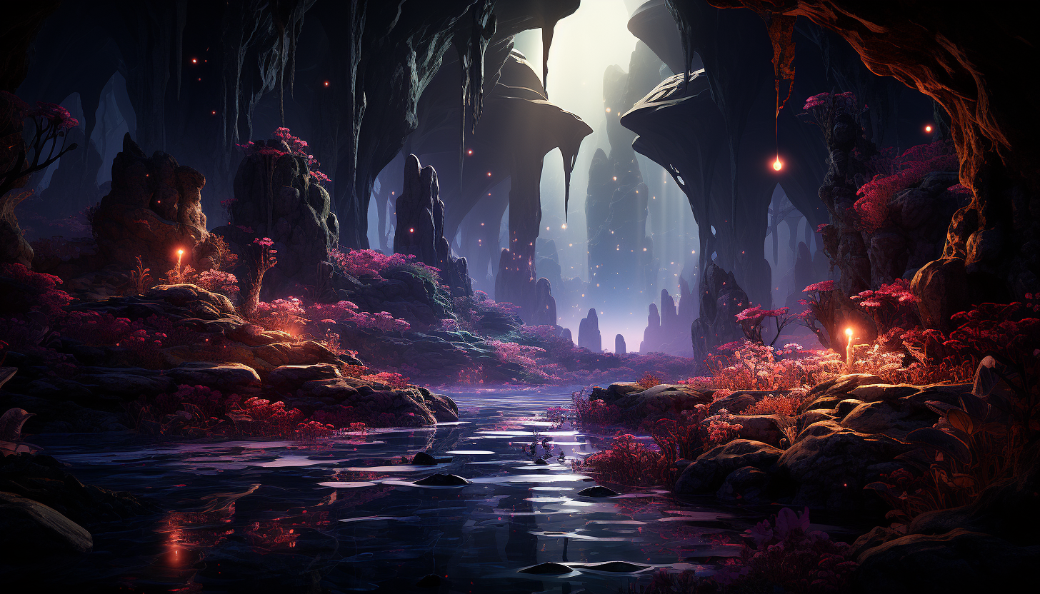 Mystical cavern illuminated by bioluminescent plants and crystals, with a clear underground lake and hidden passages.