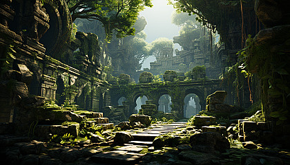 Abandoned ancient temple in a dense jungle, overrun by vines, with sunlight filtering through the canopy and hidden treasures inside.