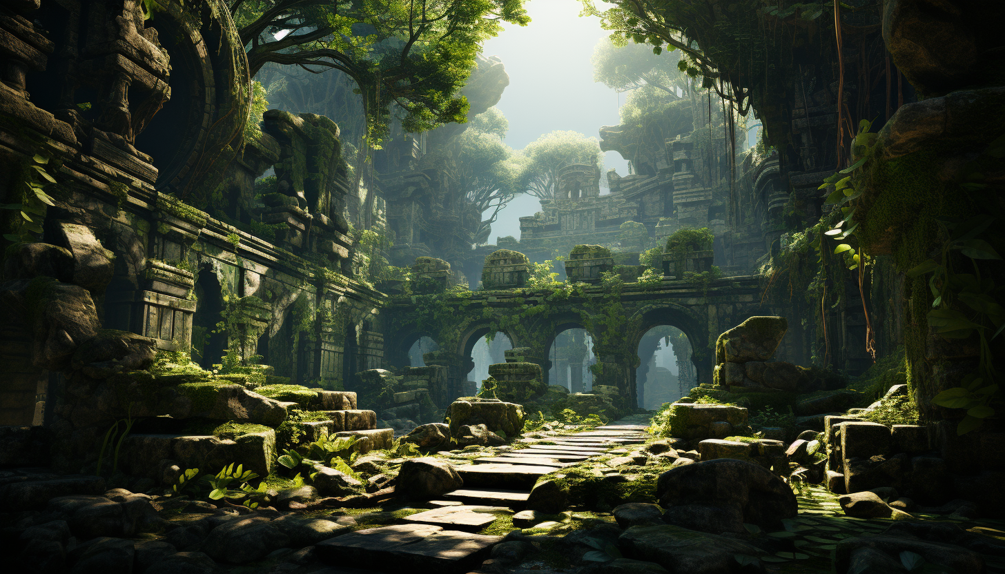 Abandoned ancient temple in a dense jungle, overrun by vines, with sunlight filtering through the canopy and hidden treasures inside.