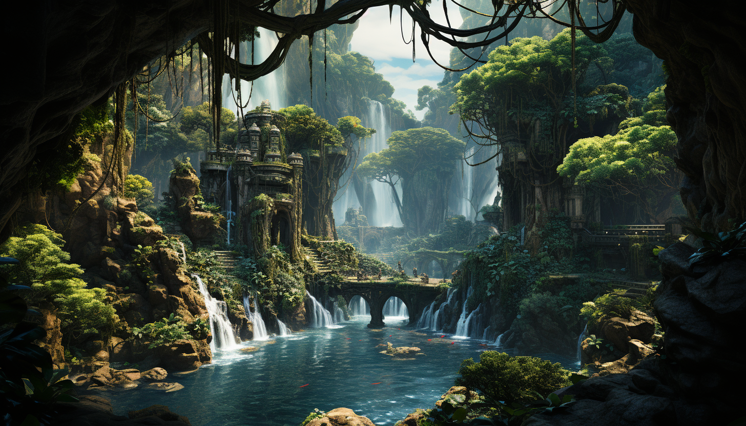 Lush rainforest canopy viewed from above, with a hidden waterfall, exotic birds in flight, and a hint of a lost temple in the dense foliage.