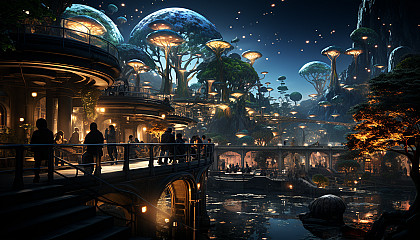 A futuristic urban park at night, with bioluminescent plants, holographic displays, people relaxing, and a skyline of high-tech buildings.