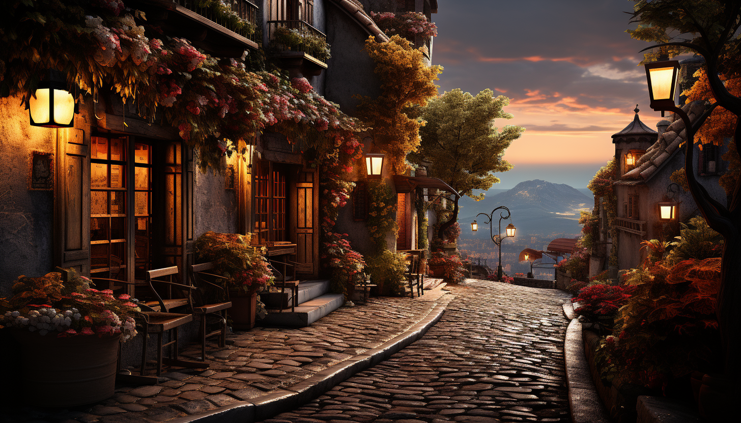 Quiet cobblestone alley in a Mediterranean village at sunset, with hanging flower baskets, bistro tables, and old bicycles.