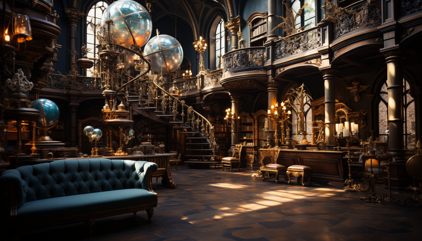 Grand library with towering bookshelves, ancient books, a large globe, spiral staircases, and sunlight streaming through stained glass windows.