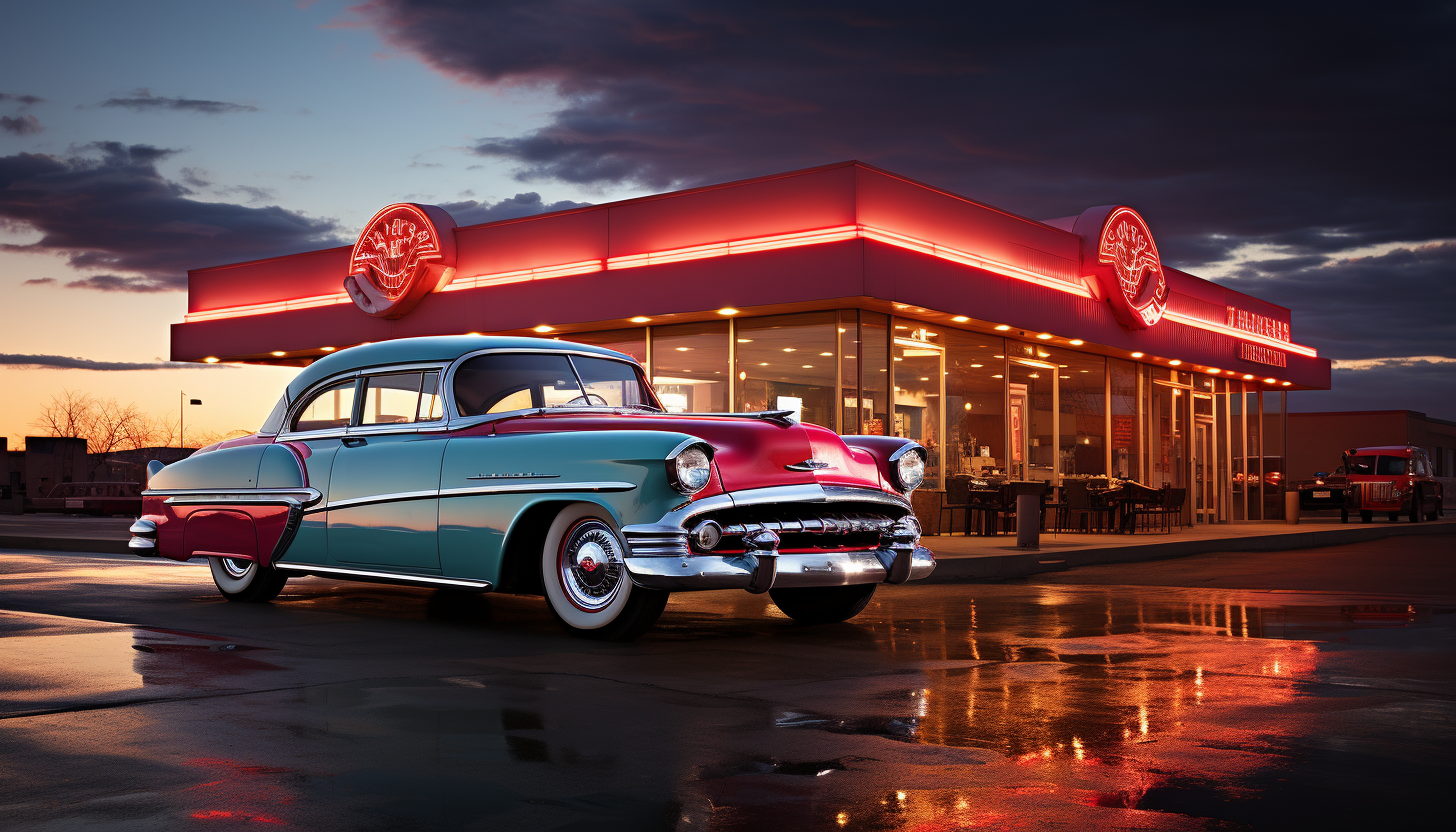 Classic American diner on Route 66 at twilight, with vintage cars parked outside, neon signs, and customers enjoying milkshakes at the counter.