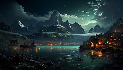 Northern Viking village during the aurora borealis, longships in the harbor, thatched-roof huts, and warriors sharing tales around a fire.
