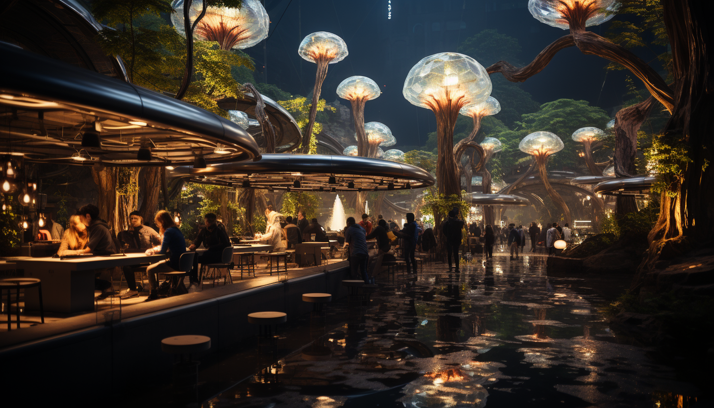 Futuristic urban park with bioluminescent plants, interactive light installations, and people relaxing in high-tech lounge areas.