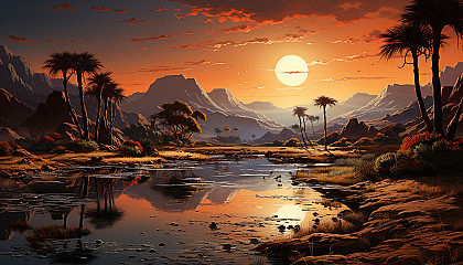 Desert oasis at sunset, with palm trees, a tranquil pool of water, camels resting nearby, and the warm glow of a setting sun over sand dunes.