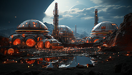 Futuristic Martian colony, with domed habitats, rovers traversing the red landscape, and Earth visible in the sky.