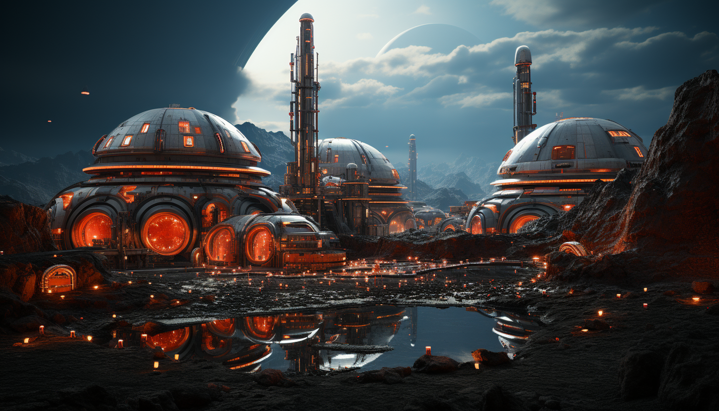 Futuristic Martian colony, with domed habitats, rovers traversing the red landscape, and Earth visible in the sky.