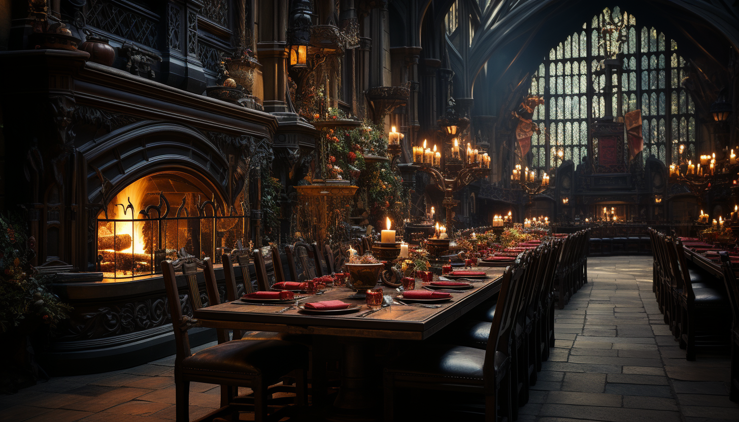 Grand medieval banquet hall, with a long feasting table, tapestries on the walls, knights and nobles in period attire, and a roaring fireplace.