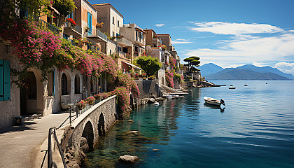 Mediterranean coastal village, with white-washed houses, bright blue doors, flower-filled balconies, and fishing boats bobbing in the harbor.