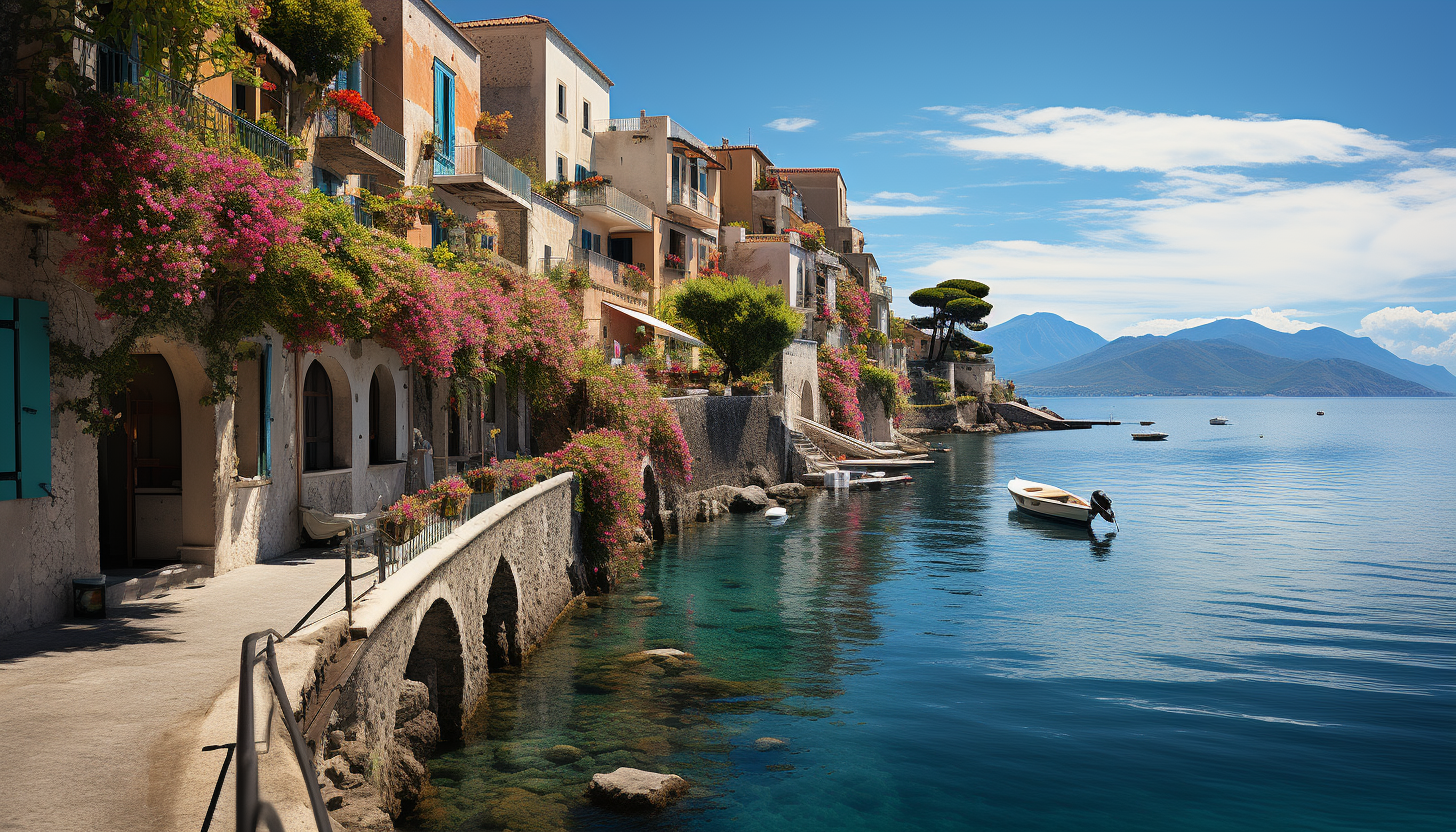 Mediterranean coastal village, with white-washed houses, bright blue doors, flower-filled balconies, and fishing boats bobbing in the harbor.