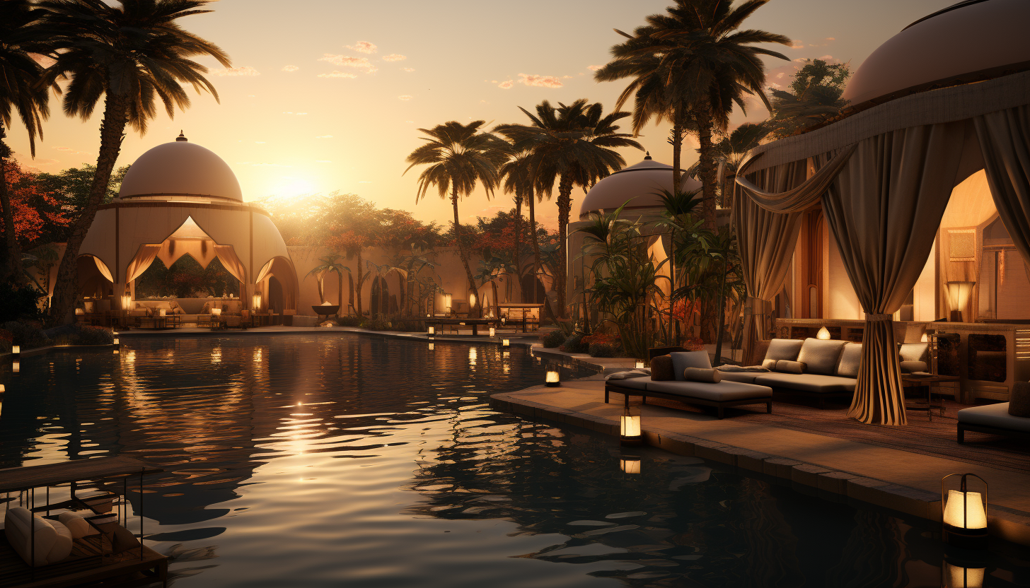 Desert oasis at sunset, with palm trees, a tranquil pool, nomadic tents, camels resting, and the golden sun setting behind sand dunes.