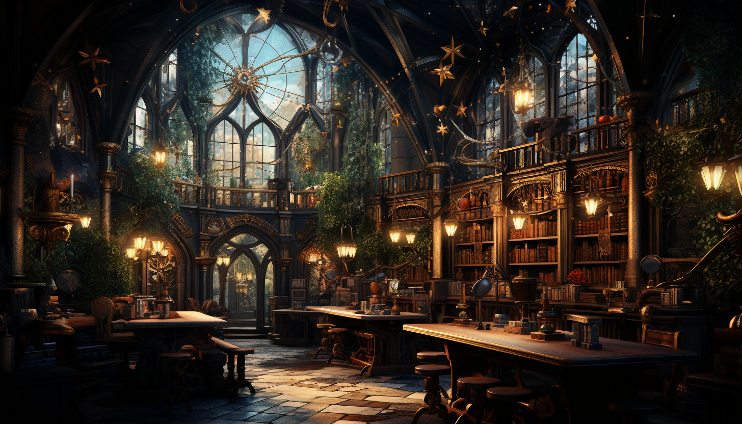 Ancient library filled with towering bookshelves, mysterious artifacts, a grand globe, and soft light filtering through stained glass windows.