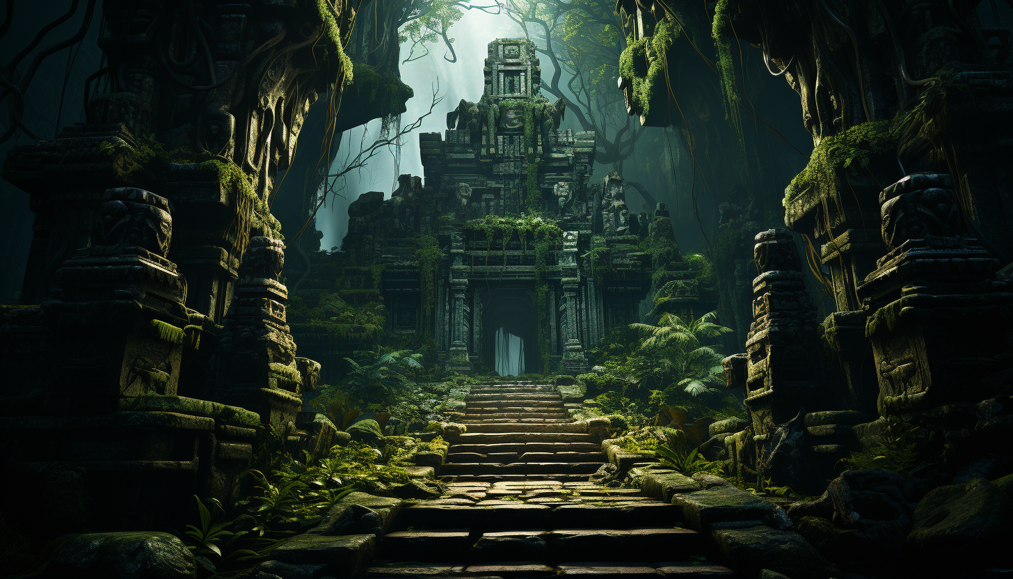 Abandoned ancient temple in a jungle, overgrown with vines, hidden statues, and a mysterious glowing artifact at its heart.