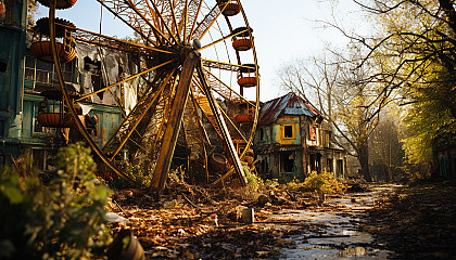 Abandoned amusement park reclaimed by nature, with overgrown roller coasters, a rusting Ferris wheel, and wild animals roaming.