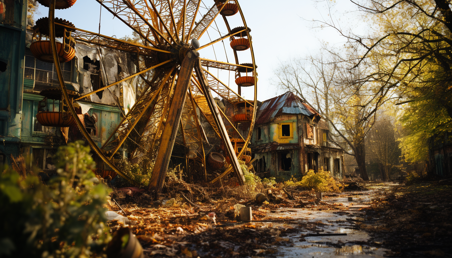 Abandoned amusement park reclaimed by nature, with overgrown roller coasters, a rusting Ferris wheel, and wild animals roaming.