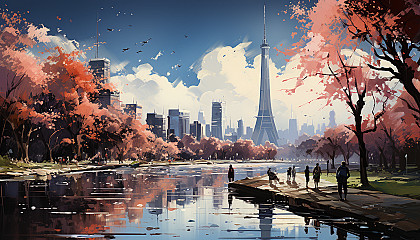Modern city park in spring, with people picnicking, blooming cherry blossoms, a tranquil pond, and skyscrapers in the background.