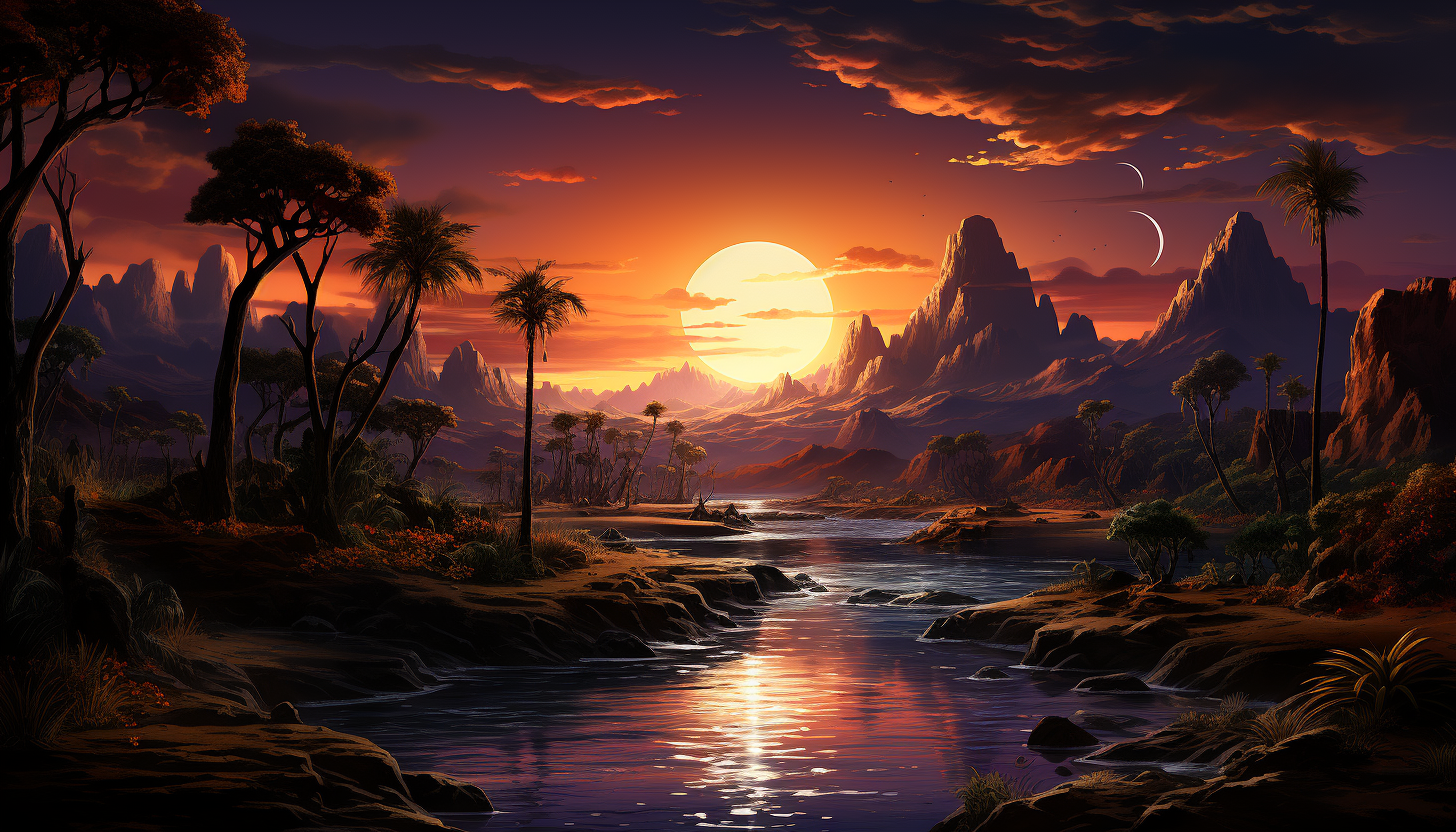 Desert oasis at sunset, with palm trees, a tranquil pool of water, camels resting nearby, and the warm glow of a setting sun over sand dunes.