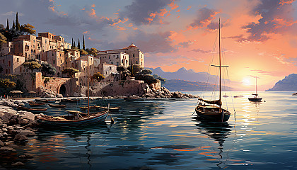Mediterranean coastal village at sunset, with white-washed houses, blue-domed churches, flowering bougainvillea, and fishing boats in the harbor.