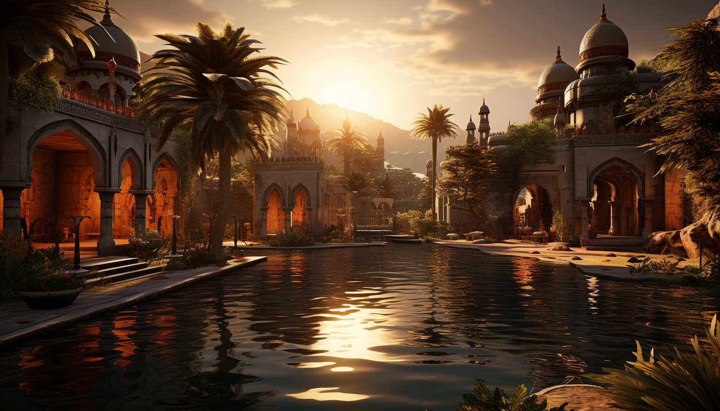 Desert oasis at sunset, with towering palm trees, a tranquil pool, camels resting, and ancient ruins in the background.