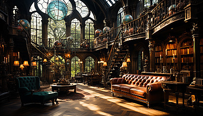 Ancient library filled with towering bookshelves, antique globes, secret passages, and a large stained-glass window casting colorful light.