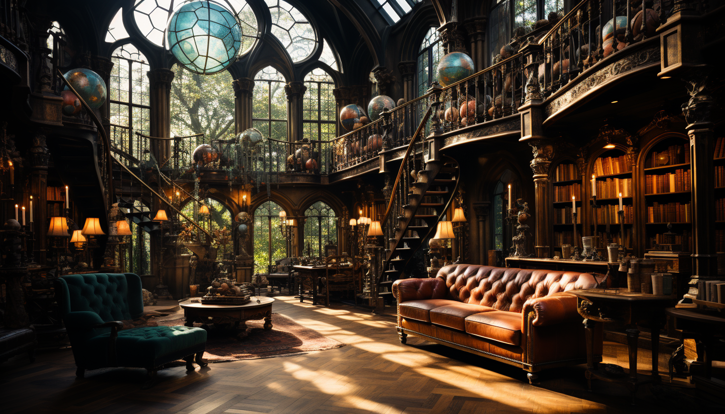 Ancient library filled with towering bookshelves, antique globes, secret passages, and a large stained-glass window casting colorful light.