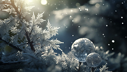 Snowflakes delicately resting on pine branches in a silent forest.