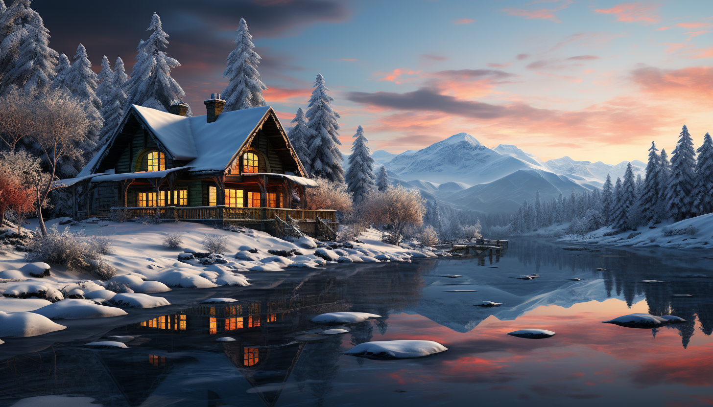 Tranquil Scandinavian cabin in winter, surrounded by snow-covered pine trees, a frozen lake, and the Northern Lights in the sky.