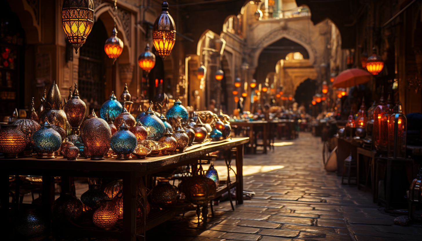 Traditional Moroccan bazaar, vibrant with spices, textiles, handmade jewelry, bustling crowds, and ornate lanterns.