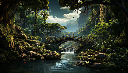 Lush rainforest with a hidden waterfall, exotic birds, vibrant flora, a meandering river, and a wooden suspension bridge.