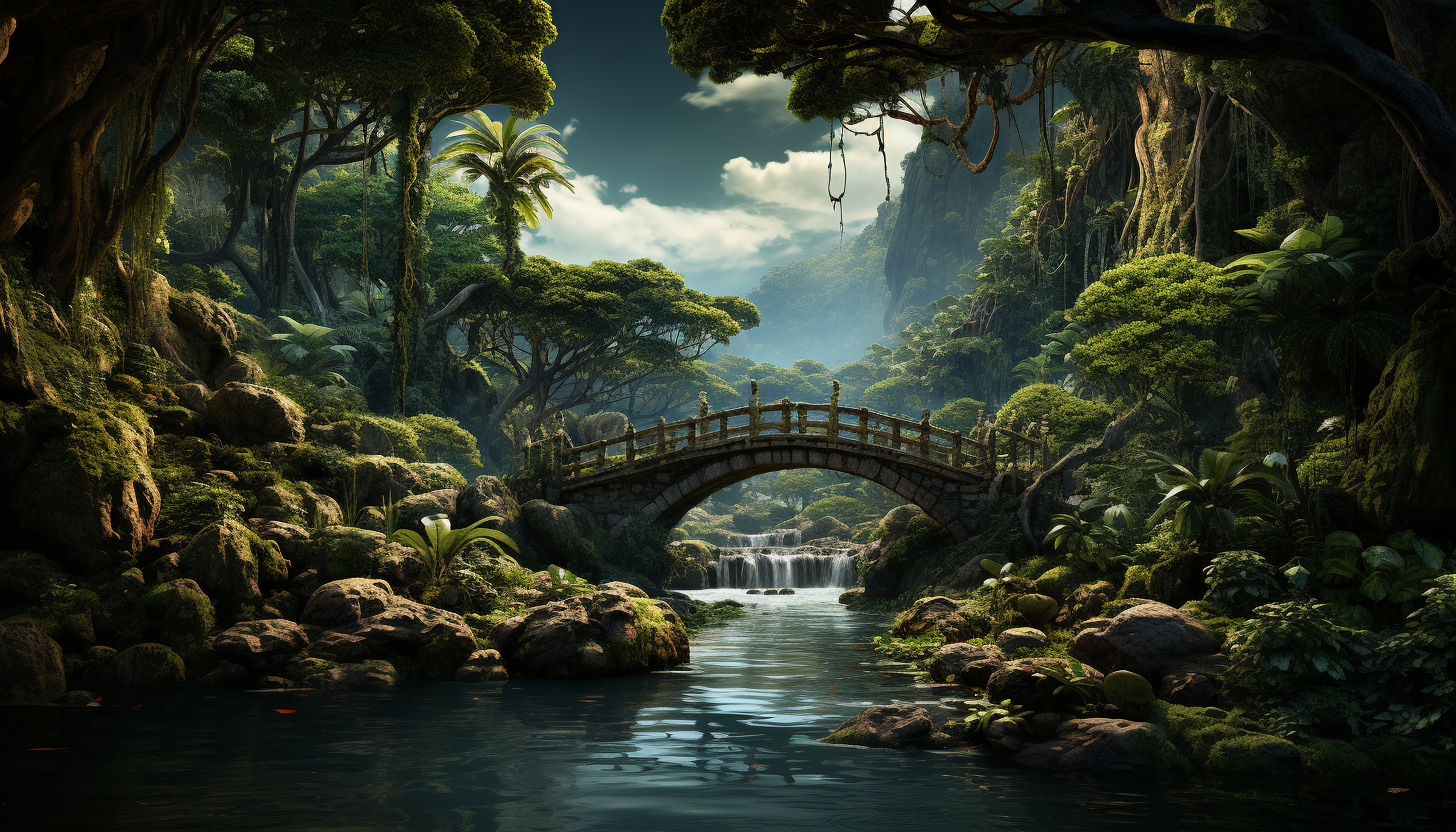 Lush rainforest with a hidden waterfall, exotic birds, vibrant flora, a meandering river, and a wooden suspension bridge.