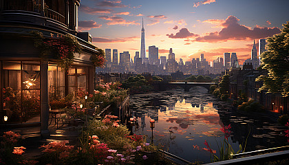Rooftop garden in a modern city at sunset, with an array of flowers, a small pond, twinkling fairy lights, and skyscrapers in the background.