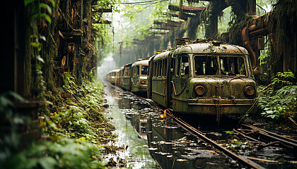 Abandoned amusement park overtaken by nature, with rusty rides, overgrown paths, and a hauntingly beautiful atmosphere.