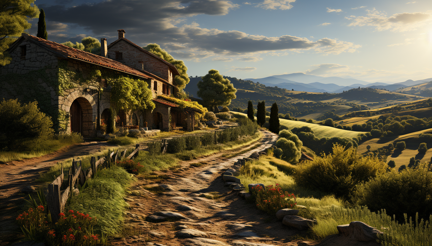 Lush vineyard landscape in Tuscany, rolling hills, rows of grapevines, a rustic stone farmhouse, and a setting sun in the background.