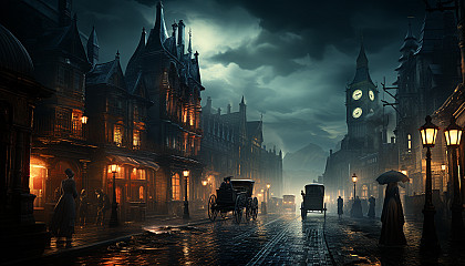 Victorian London street on a foggy night, with gas lamps, horse-drawn carriages, top-hatted pedestrians, and the silhouette of Big Ben.