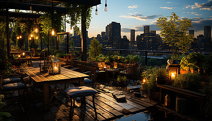 Rooftop garden in a bustling city, with a variety of plants, a small pond, city skyline in the background, and string lights creating a cozy atmosphere.