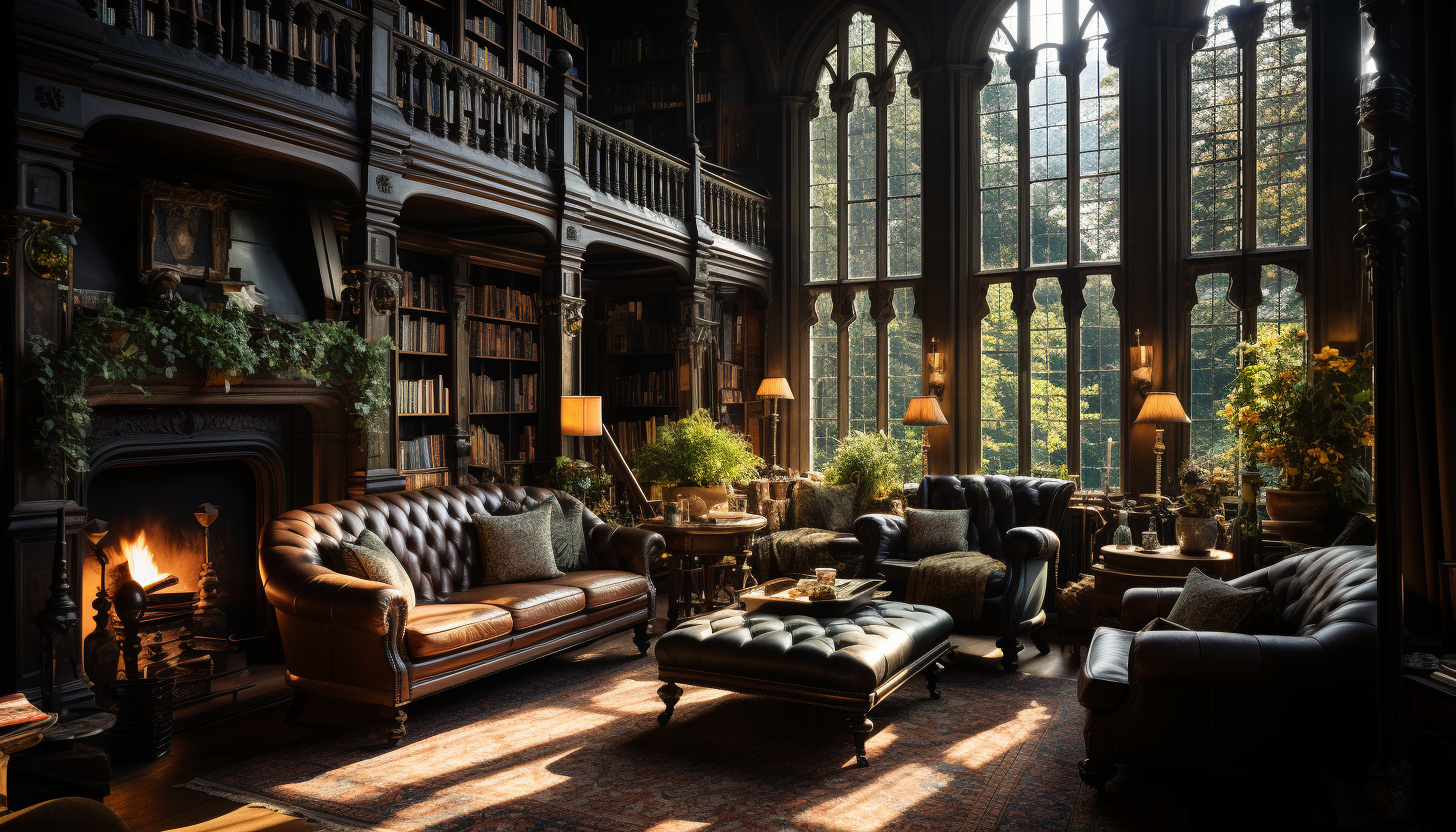 Old library with towering bookshelves, a grand fireplace, leather armchairs, and sunlight filtering through stained glass windows.