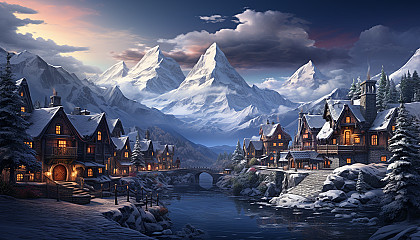 A snowy mountain village during the holiday season, with cozy cabins, a frozen lake for ice skating, and festive decorations.