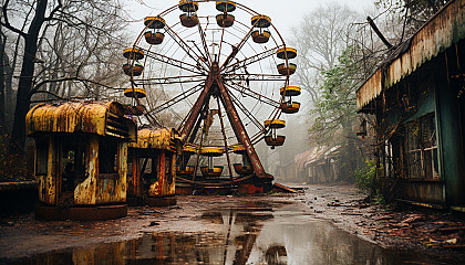Abandoned amusement park overgrown with nature, rusting roller coasters, a still Ferris wheel, and a hauntingly beautiful carousel.