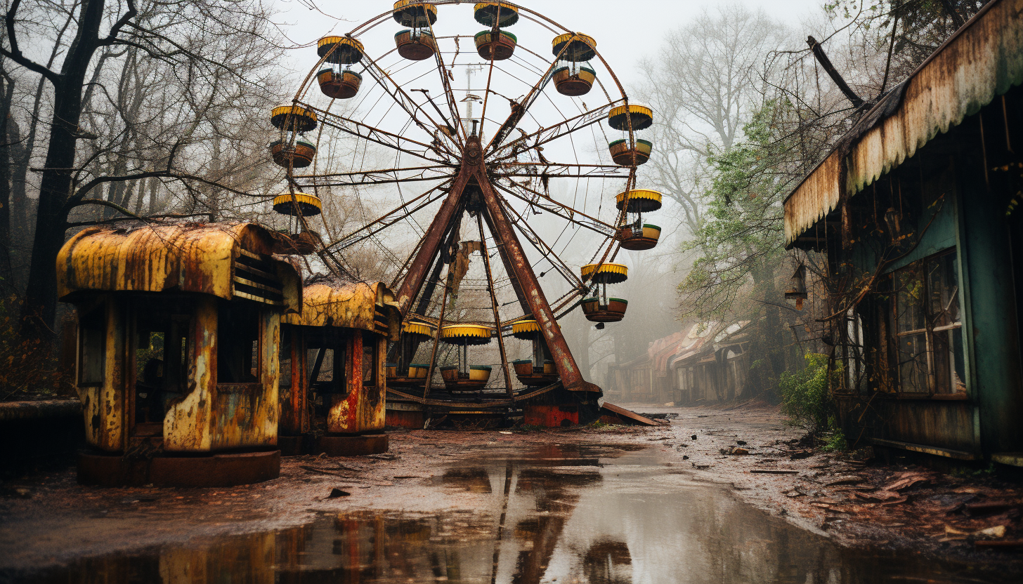 Abandoned amusement park overgrown with nature, rusting roller coasters, a still Ferris wheel, and a hauntingly beautiful carousel.