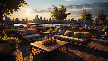 Lush rooftop garden in an urban setting, with a variety of plants, comfortable seating areas, and a skyline view at sunset.