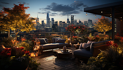 Rooftop garden in a modern city, with a variety of plants, comfortable seating, string lights, and skyscrapers in the background.