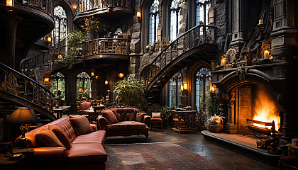 Grand library in a medieval castle, walls lined with ancient books, a large fireplace, stained glass windows, and a spiral staircase.