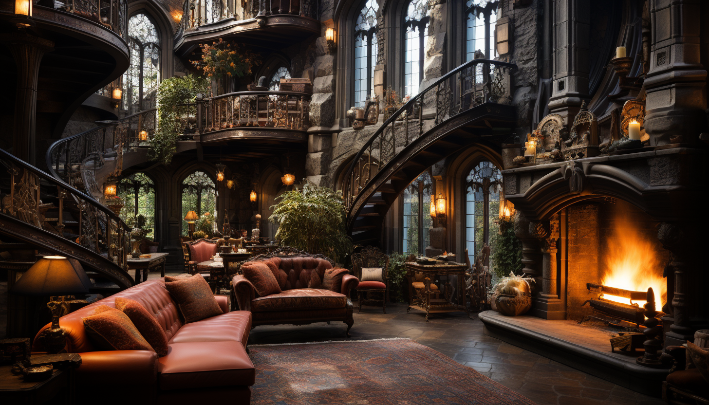 Grand library in a medieval castle, walls lined with ancient books, a large fireplace, stained glass windows, and a spiral staircase.