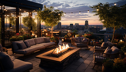 Rooftop garden in a modern city, with a variety of plants, comfortable seating areas, string lights, and a panoramic skyline view.