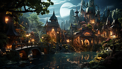 Fantasy elven city in a forest, with treehouse dwellings, elegant bridges, magical lights, and mythical creatures roaming.